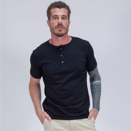 Camiseta Henley Manga Curta New Old Classic Preta