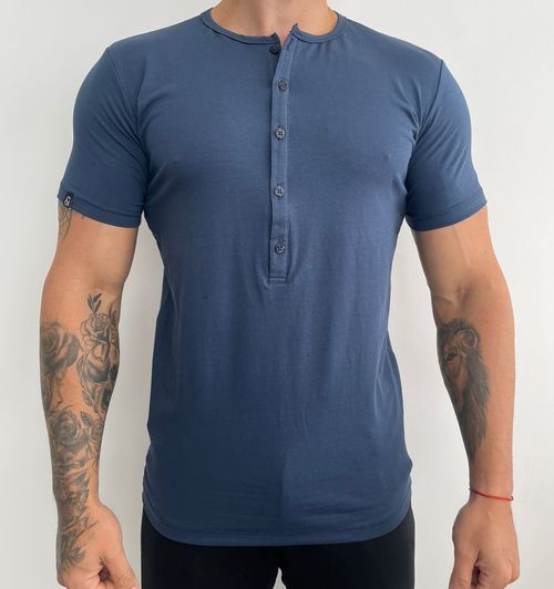 Camiseta Henley Manga Curta New Old England Azul Marinho