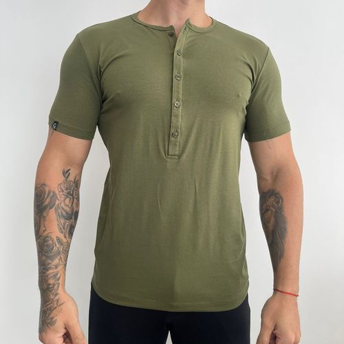 Camiseta Henley Manga Curta New Old England Verde Militar