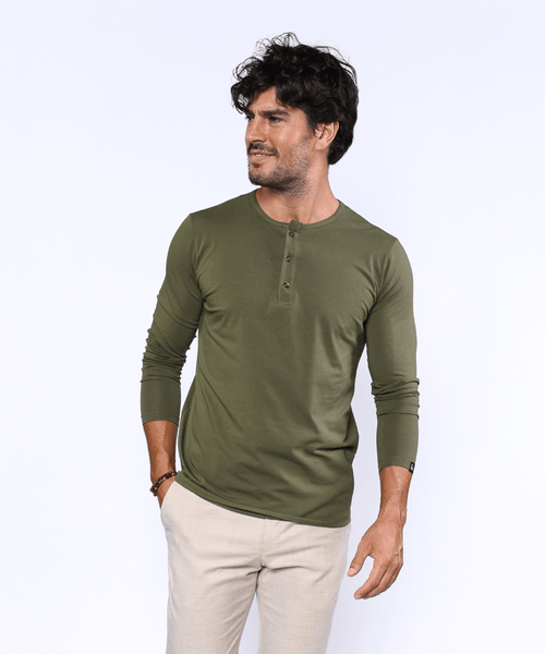 Camiseta Henley M/L New Old Classic Verde Militar