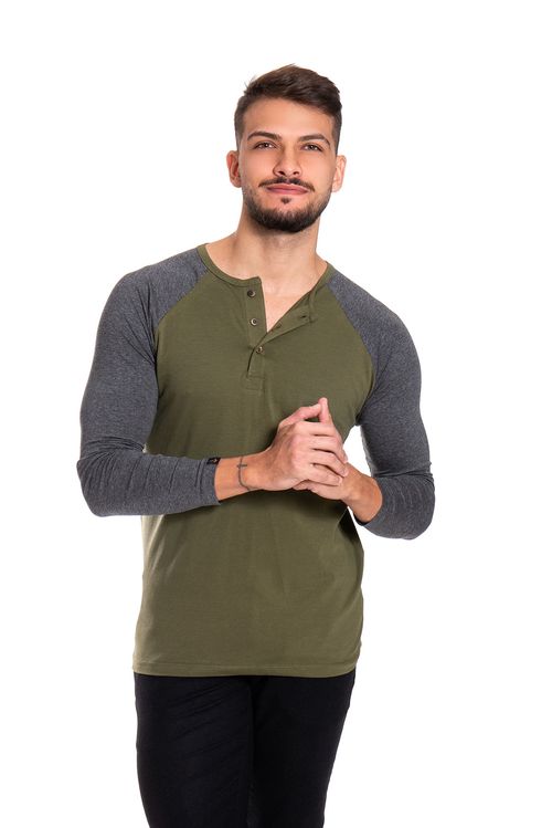 Camiseta Henley New Old M/L Raglan Classic Verde Mescla