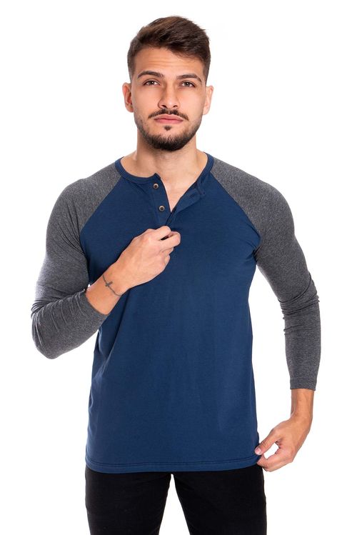 Camiseta Masculina New Old Henley Raglan Classic Mescla Azul