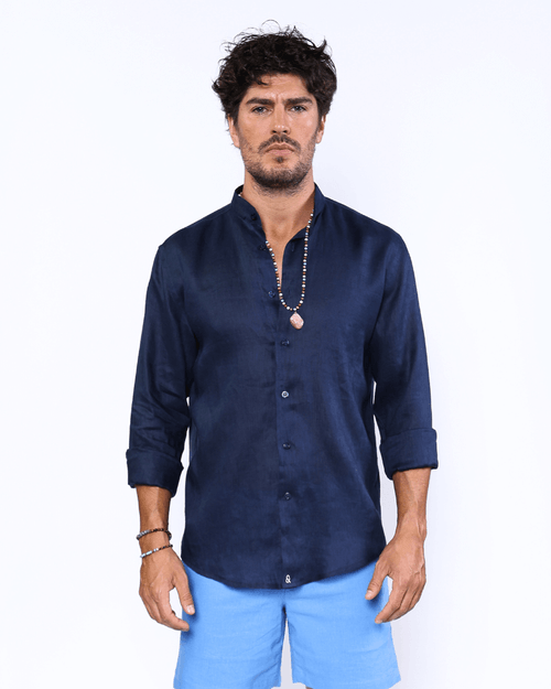 Camisa Masculina Linho New Old Gola Padre Navagio Azul Marinho