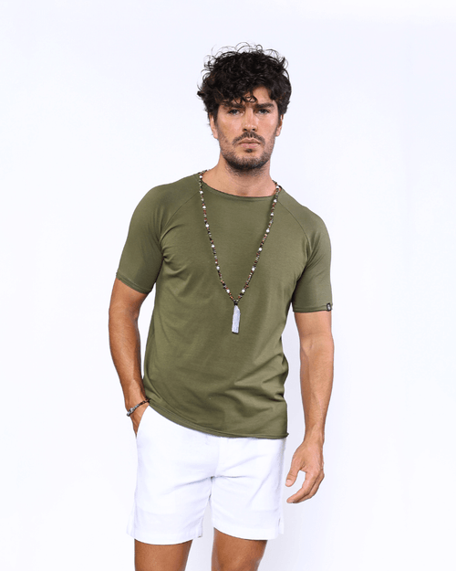 Camiseta Masculina Raglan Gola Canoa New Old Verde Militar