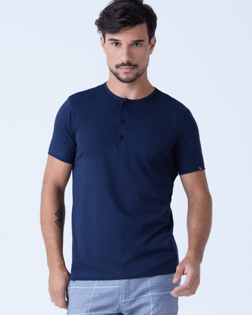 Camiseta Masculina New Old Henley Manga Curta Pima Azul Marinho