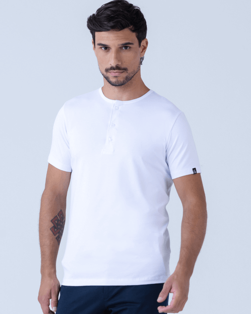 Camiseta Masculina New Old Henley Manga Curta Pima Branca