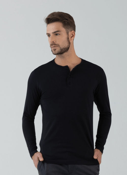 Camiseta Henley Manga Longa Pima Preta