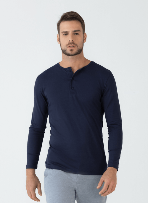 Camiseta Henley Manga Longa Pima Marinho