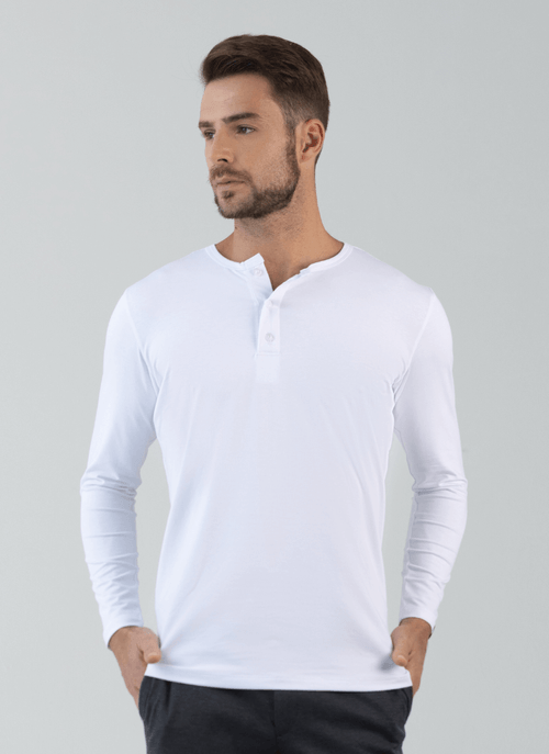 Camiseta Henley Manga Longa Pima Branca