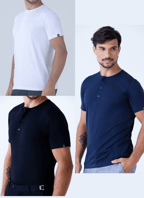 Kit 3 Camisetas New Old Henley Pima Marinho, Preta e Branca