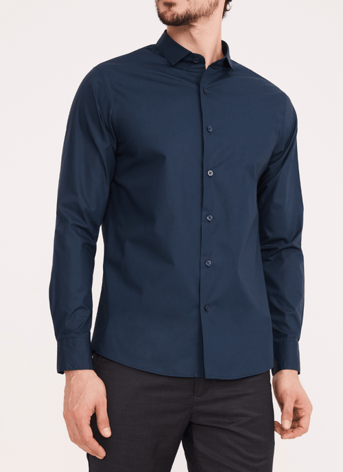 Camisa Social Masculina Algodão Orgânico Gola Invertida Azul Marinho
