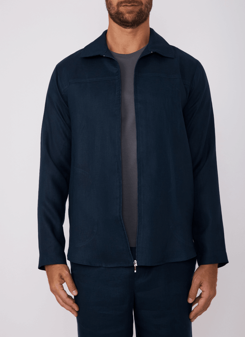 Overshirt Ziper Masculina Linho Washed Marinho