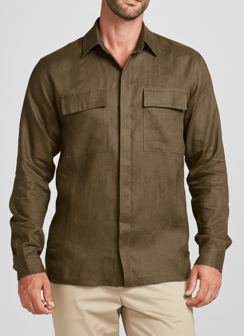 Overshirt Masculina Linho Washed Oliva